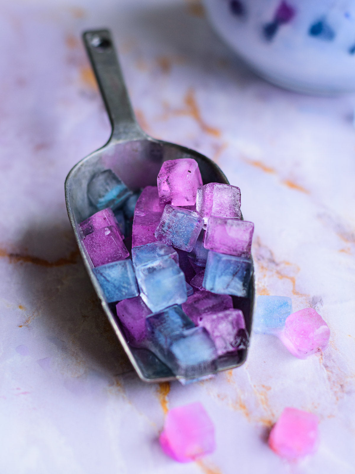 Butterfly Pea and pink pitaya ice cubes