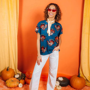 Dark Blue Beaded Turkey All Over Tee- Women's - Smock Candy