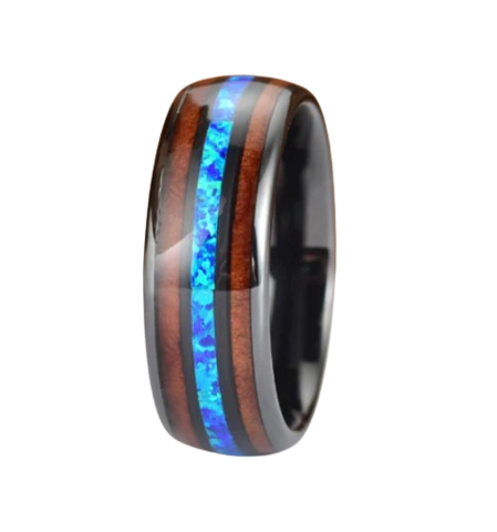 Black Ceramic Koa Wood Blue Opal Men's Wedding Band 8MM