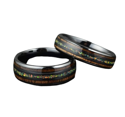 Opal Koa Wood's Black Ceramic Ring His And Her Wedding Band Set Custom Rings By Pristine