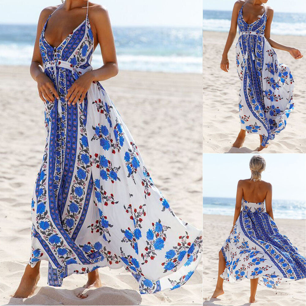 Boho Halter Backless Maxi Dress – Sol 