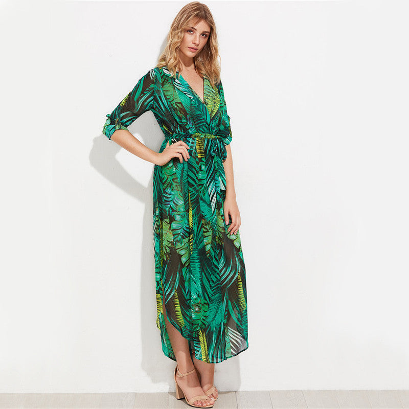Green Palm Leaf Wrap Maxi Dress – Sol 