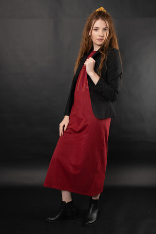 Red maxi dress worn with a jacket