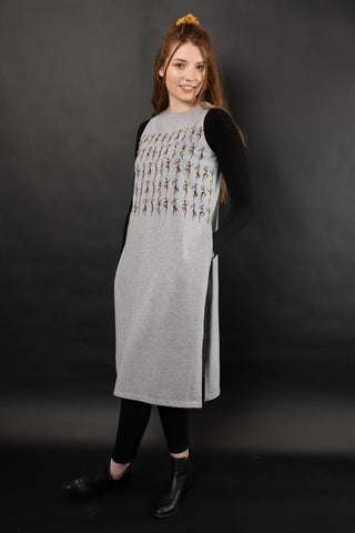 Aidan top-Long slit embroidered jersey top layered over full sleeve thermal