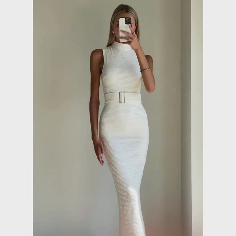 CLEO White Bodycon High Neck Maxi Dress – Matea Designs