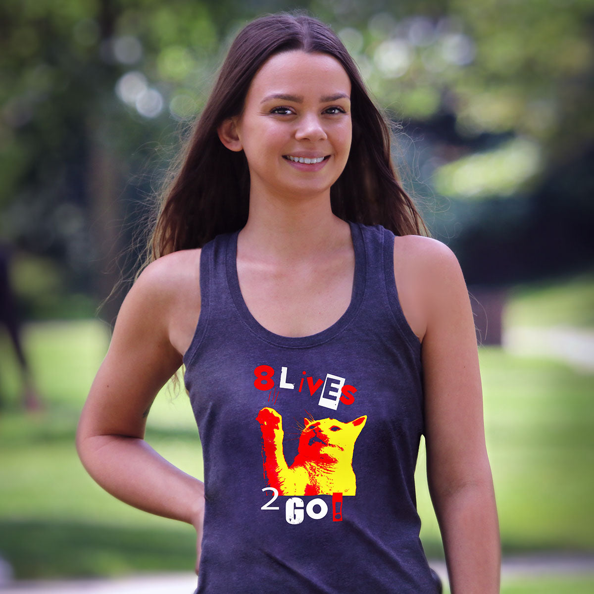 Ladies Charcoal “8 Lives 2 Go!!” Perfect Tri Racerback Tank