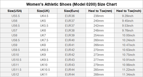 Athletic Show size chart