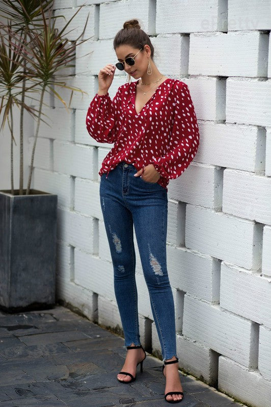 red blouse white polka dots