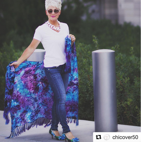 Shauna of Chic Over Fifty with Velvet Burn-Out Shawl in Shades of Turquoise, Purple, Aqua and Lavender