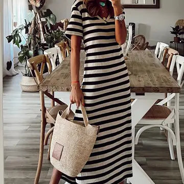 7361 -Black Stripe Print V Neck Maxi Dress with Side Splits