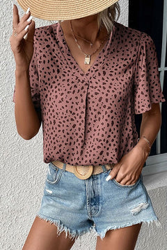 7405 V-Neck Ruffled Leopard Print Short-Sleeved