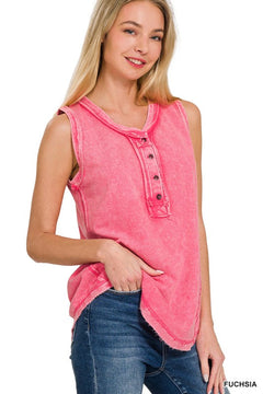 7469 - WASHED HALF-BUTTON RAW EDGE SLEEVELESS HENLEY TOP