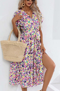 7406 -Small Floral Split V-Neck Dress