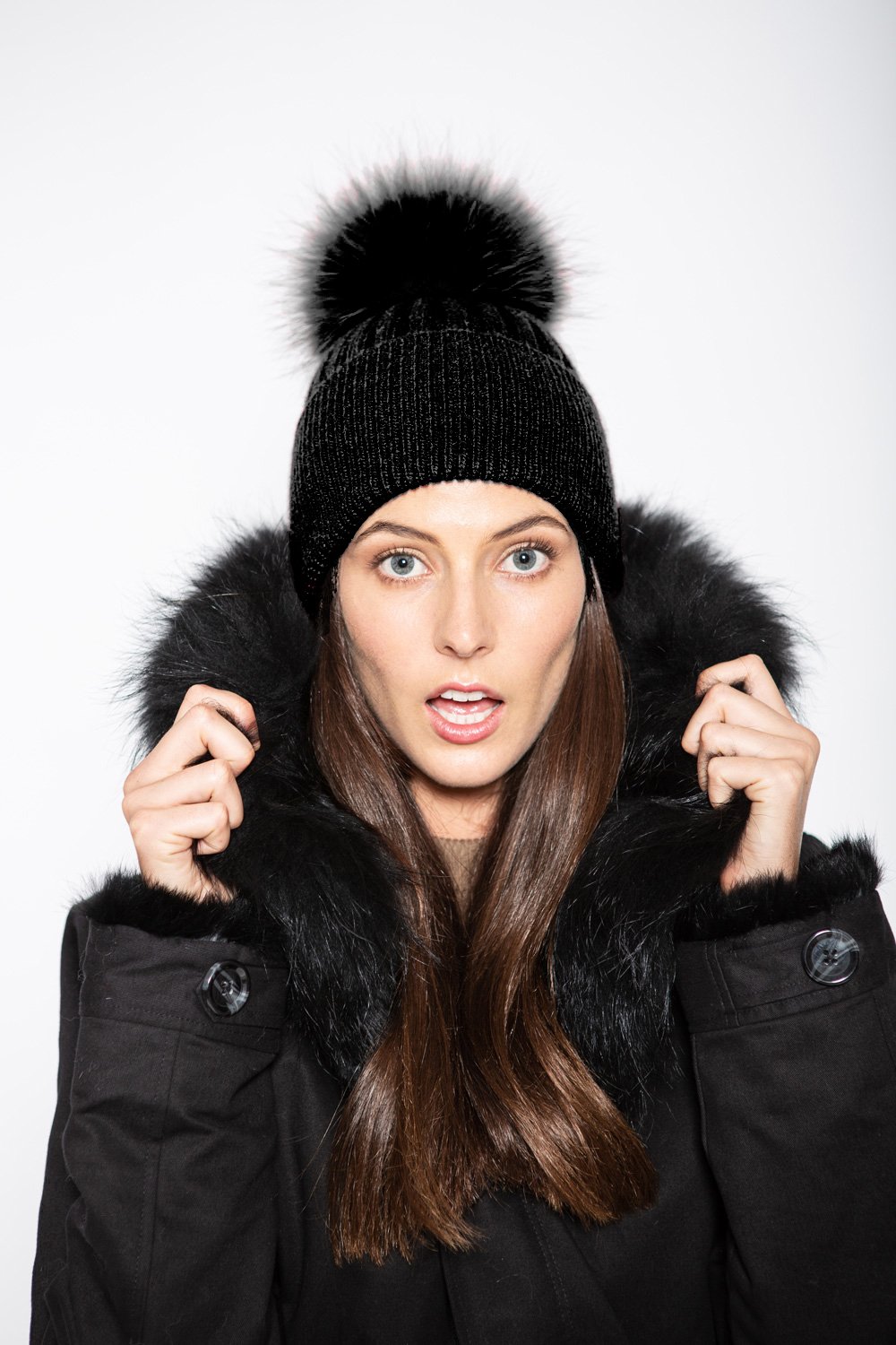 black beanie with pom pom