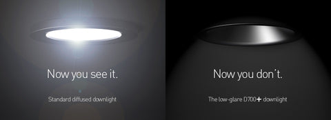 An image of 2 downlights side by side displaying the negative effects of glare