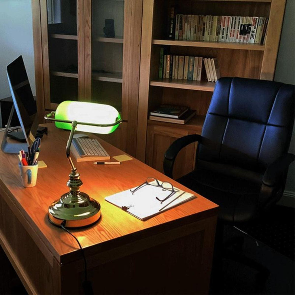 Bankers Executive Table Lamp With Green Glass In Gloss or Matt Brass