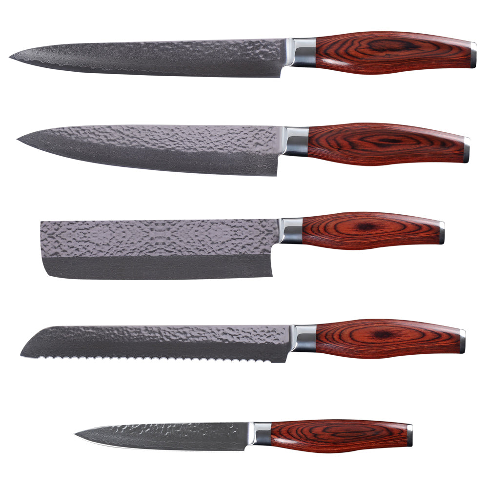 5 Piece Hammered Damascus Steel Chef Knife Set Sharper Blades