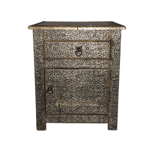 Moroccan Nightstand Table In Arabesque Carved Embossed Silver Metal Moroccan Furniture Bazaar