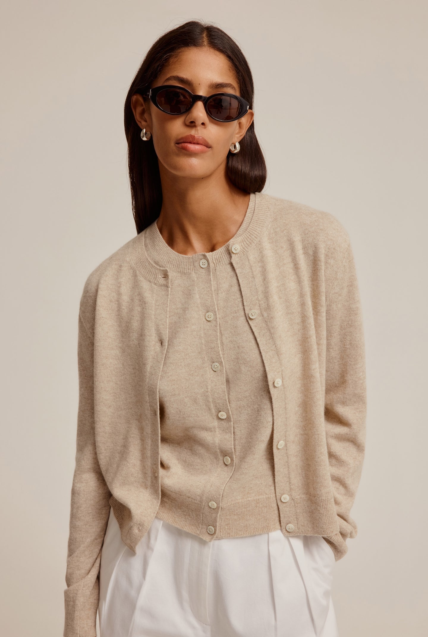 Women's Cropped Cashmere Cardigan Oatmeal Brown