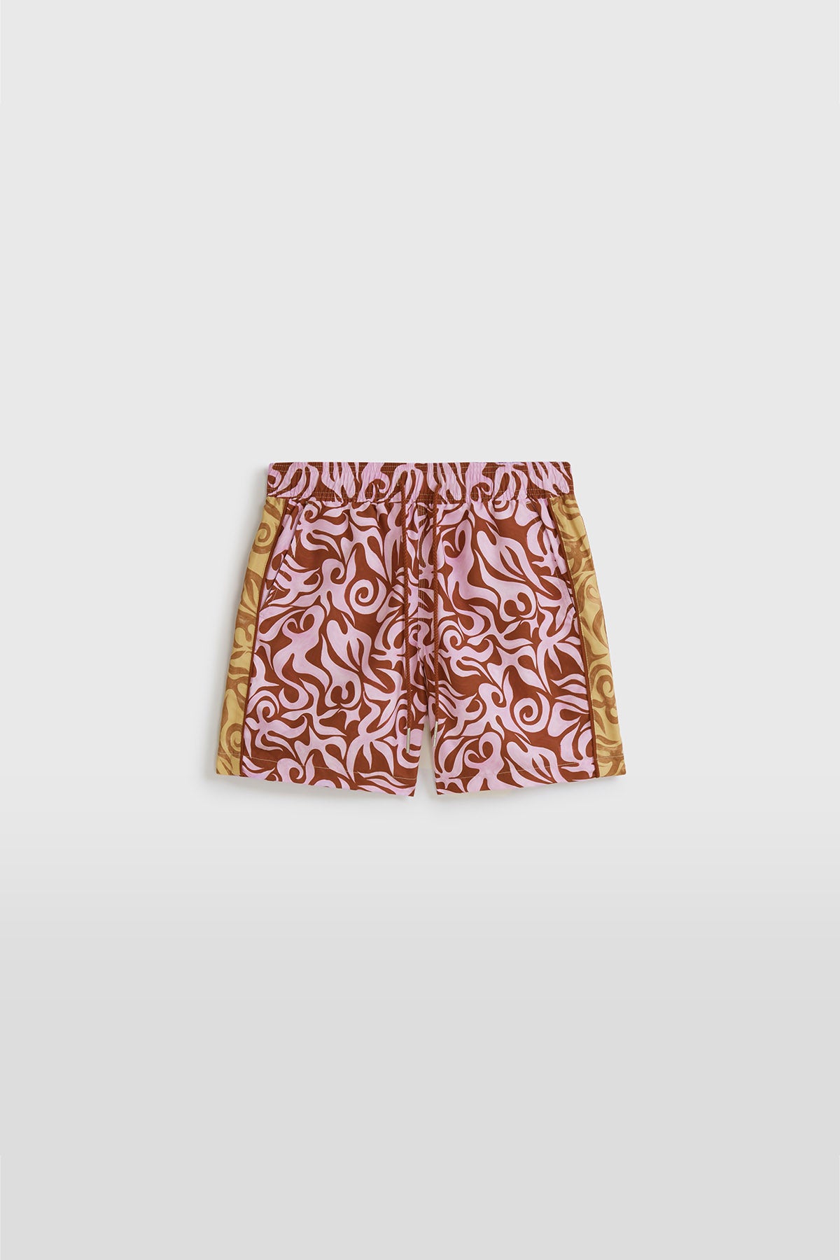 men’s pink and brown contrast panel swim trunks