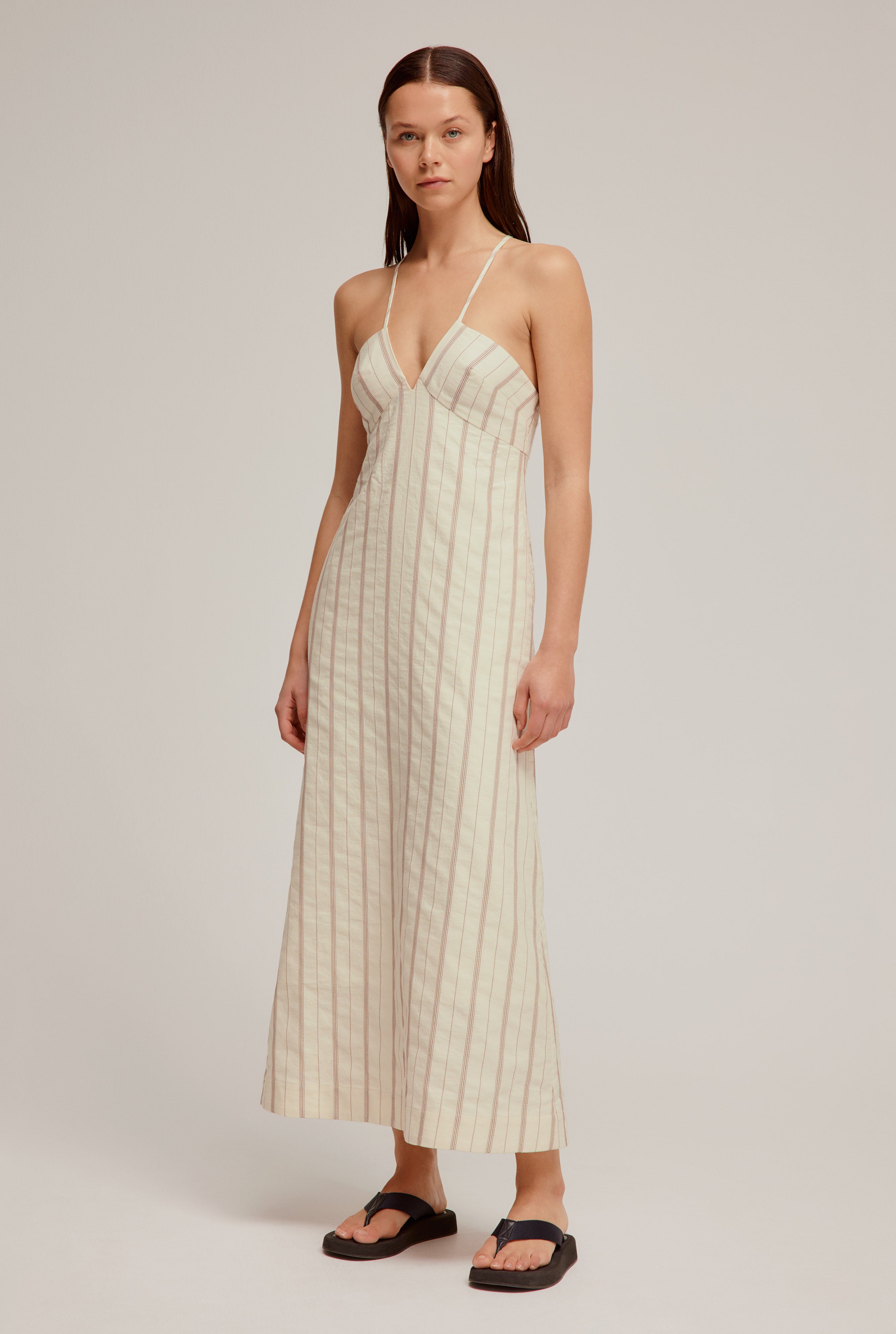 V Neck Midi Dress in Lilac Woven Stripe | Venroy | Premium Leisurewear