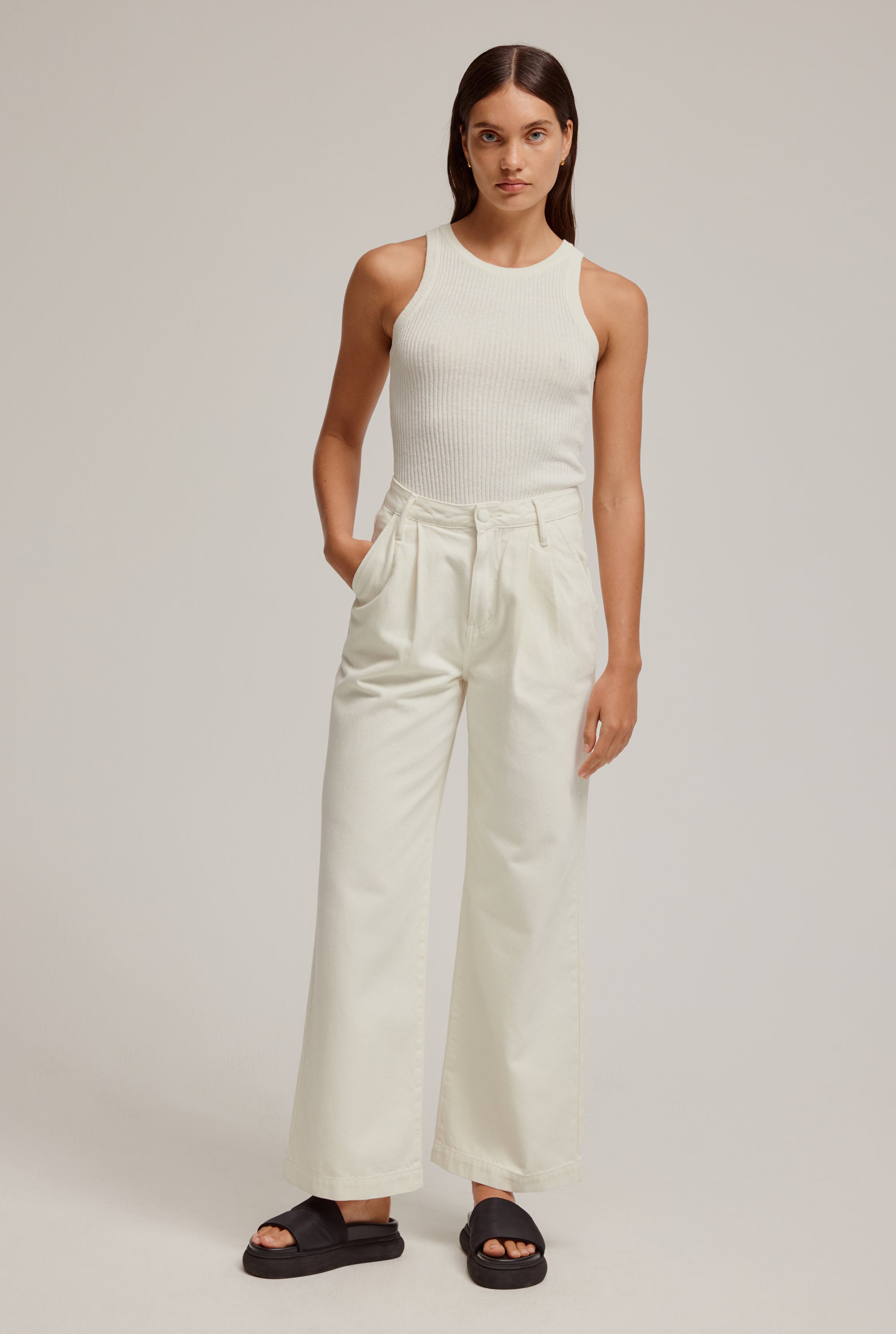 Wide Leg Denim Trouser - Off White | Venroy | Premium