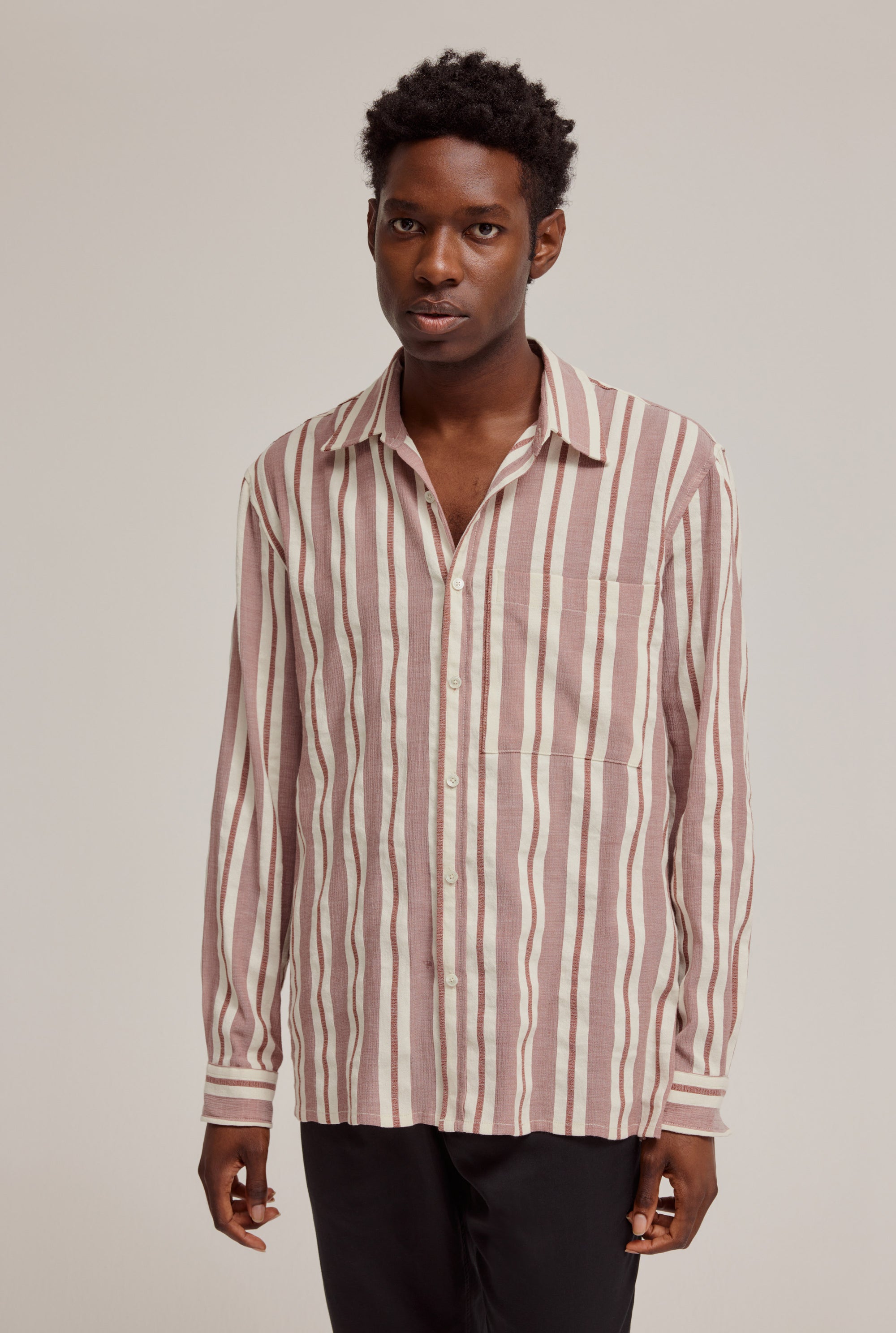 Long Sleeve Relaxed Shirt in Brown Seersucker Stripe | Venroy | Premium ...