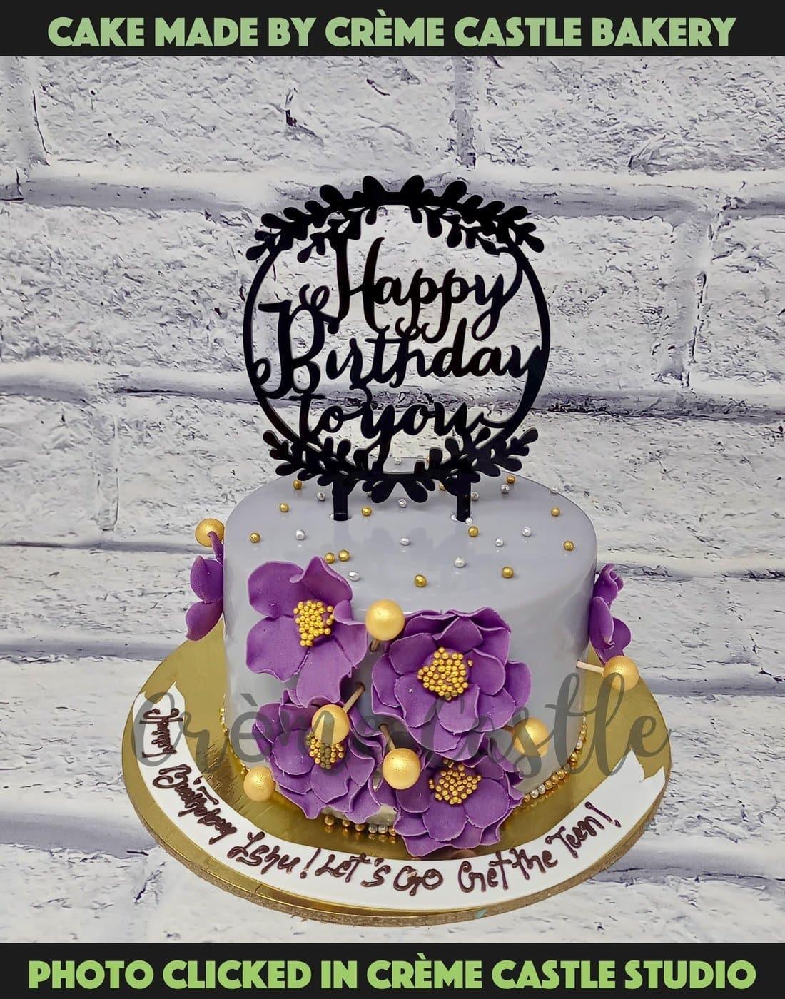Grey Purple Floral Cake | Custom Cake Bakery - Cr me Castle – Creme ...