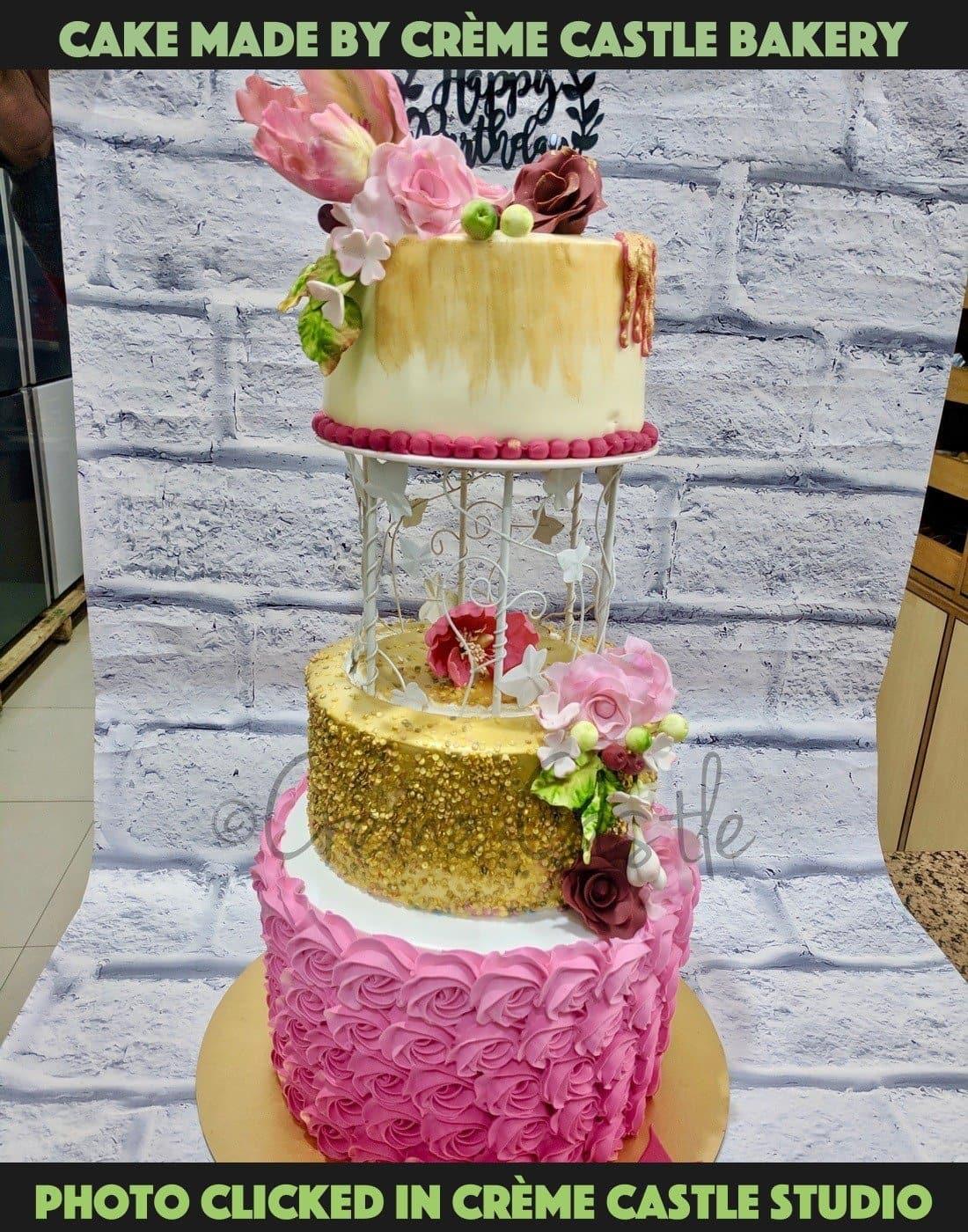 Double Decker Wedding cake with rose ribbon