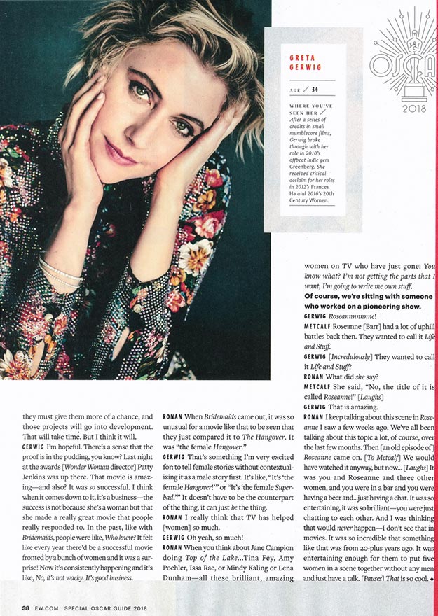 Entertainment Weekly February 2018, Greta Gerwig from Ladybird wearing Doyle & Doyle's diamond tennis bracelets.
