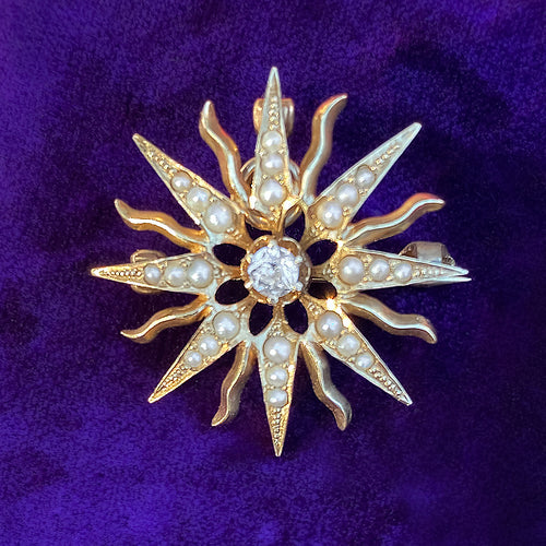 Estate Diamond & Seed Pearl Sunburst Pin sold by Doyle and Doyle an antique and vintage jewelry boutique