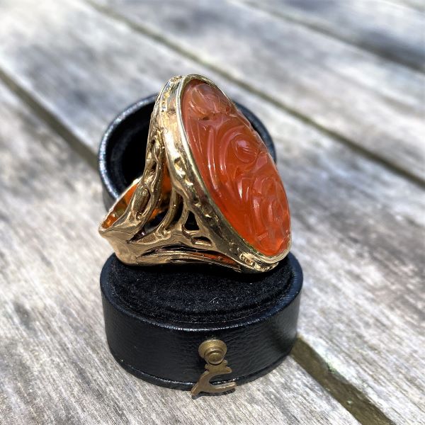 Vintage Carved Carnelian Ring sold by Doyle and Doyle an antique and vintage jewelry boutique