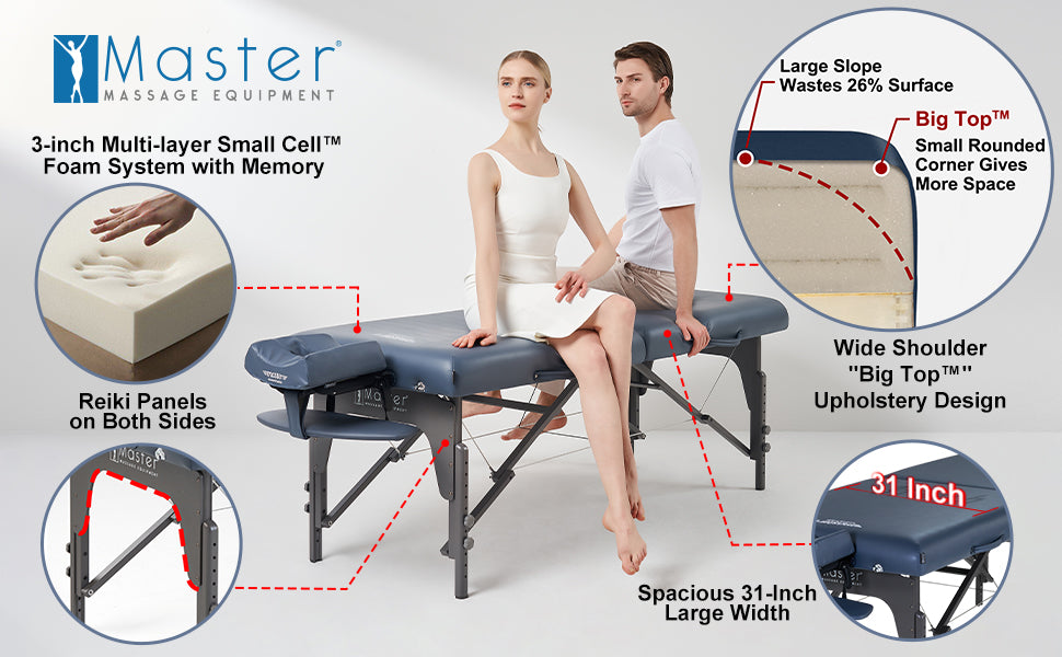 Many other massage tables on the market boast a wide tabletop, but they include cushions and armrests in their measurements and don't give you the space you need. With the Montclair Pro massage table package, you get a 31-inch tabletop with 3 inches of additional cushioning so that your clients can relax in comfort and have all the space you need!