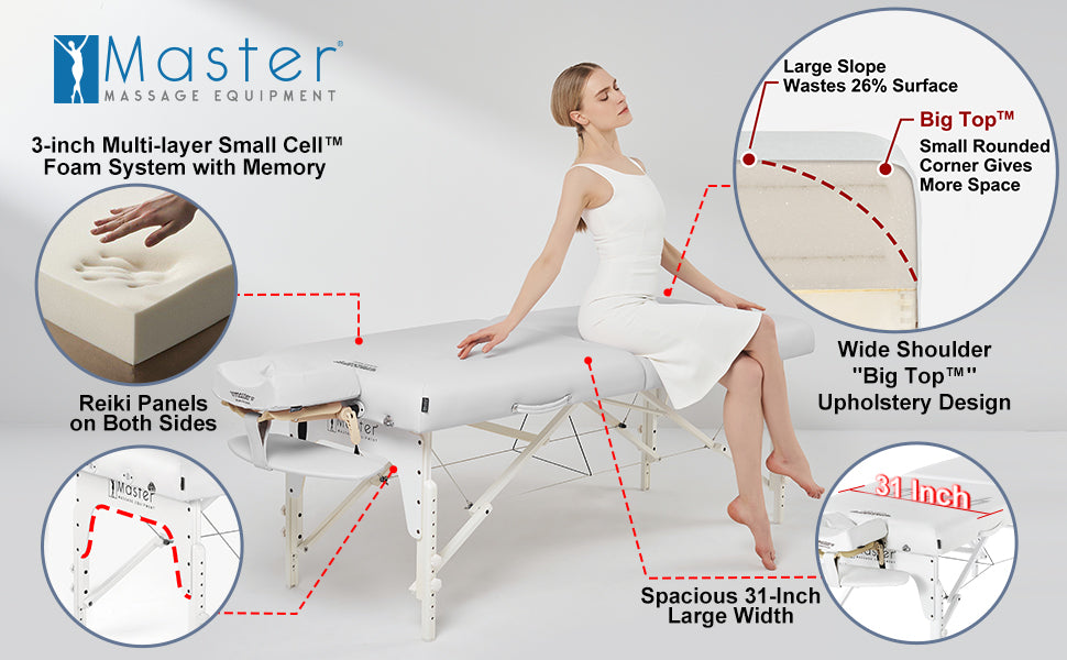 Many other massage tables on the market boast a wide tabletop, but they include cushions and armrests in their measurements and don't give you the space you need. With the Montclair Pro massage table package, you get a 31-inch tabletop with 3 inches of additional cushioning so that your clients can relax in comfort and have all the space you need!