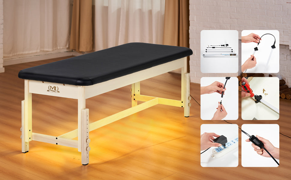 Mt Massage has taken relaxation to the next level with their Optional Galaxy Ambient Lighting System! With this simple install, you can create a soothing glow for your stationary examination massage bed instantly and wherever you are. Impress customers by adding a gentle ambiance sure to relax them immediately – all at the touch of a button. Plus - it's patented design (Patent Design ZL202222463607.6) makes it one-of-a kind perfect for professional masseuses!