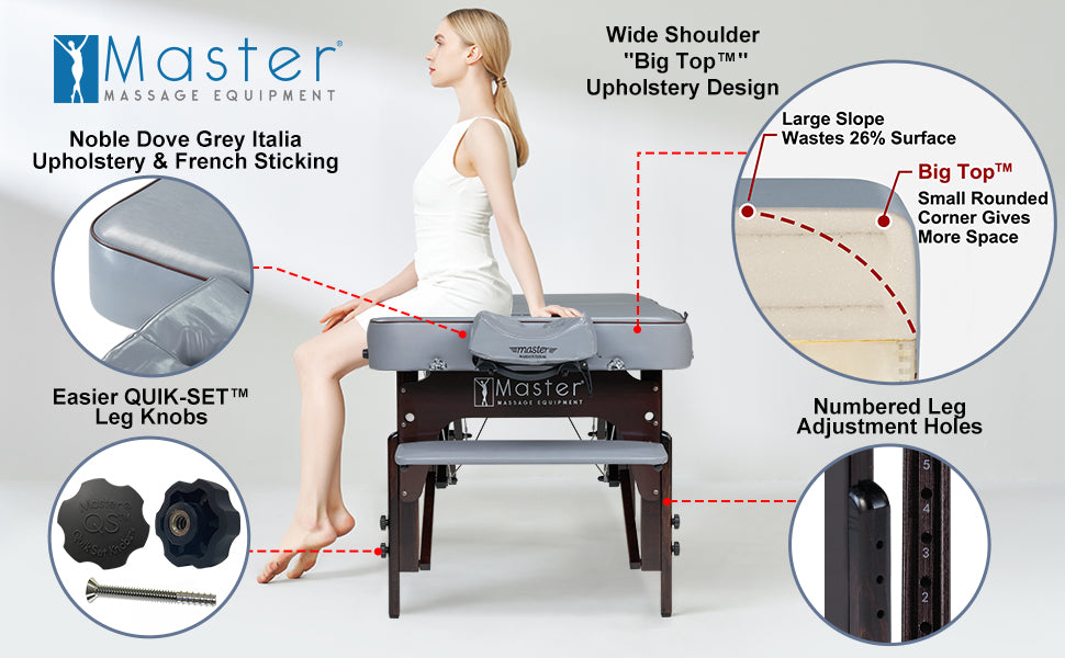 Experience ultimate relaxation and luxury with the stylish Montour Foldable Spa Table / Massage Table. This sophisticated table features Noble Italia Nano Skin upholstery in Dove Grey, cushioned by 3" thick Multi-Layer Small CellTM  foam, plus an additional layer of memory foam for maximum comfort. Noble coffee-colored hardwood legs offer stylish, strong support for all of your sessions.