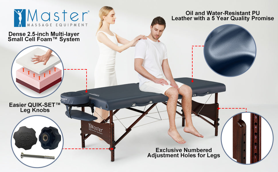 Get ready to treat yourself or your clients with our Master Massage Newport Cable Release foldable salon bed package! This luxurious blue upholstery is not only oil and water resistant, but also CFC-free, and reinforced with a denim-like backing, making this foldable facial table the perfect choice. Plus, there's no assembly required—just adjust its legs according to numbered holes for an easy setup experience you'll love.