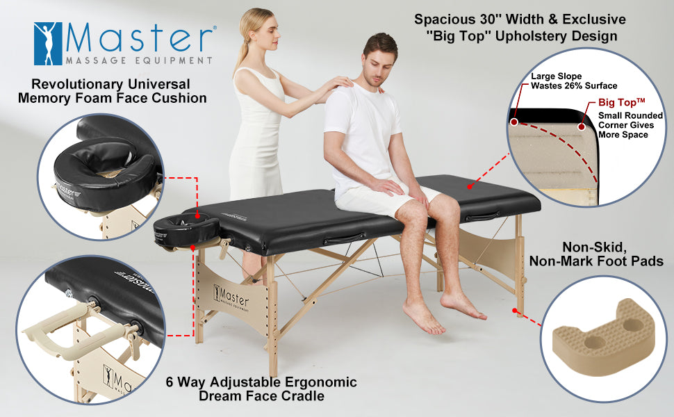 Choose the Master Massage Table with Confidence - Introducing our 30" Balboa Portable Massage Table – the ultimate answer for busy professionals in search of unbeatable comfort and unwavering durability. Meticulously crafted with our exclusive Multi-Layer Small Cell foam, featuring a "Big Top" design and square corners to ease shoulder tension, this foldable facial table delivers unparalleled luxury. Embraced by practitioners across diverse fields, from tattoo artists to massage therapy students and sports therapists, its user-friendly design and exceptional features stand out. Master Massage pledges superior equipment that you can rely on to excel in your work. This comprehensive package encompasses a 6-way adjustable Ergonomic Dream face cradle, an enlarged and thicker memory face pillow, and a single-pocket carrying case. The non-skid, non-mark foot pads adeptly muffle friction-induced noise, leaving no blemishes on your floor or carpet, ensuring a serene and comfortable massage experience for your clients.Introducing our 30" Balboa Portable Massage Table – the ultimate answer for busy professionals in search of unbeatable comfort and unwavering durability. Meticulously crafted with our exclusive Multi-Layer Small Cell foam, featuring a "Big Top" design and square corners to ease shoulder tension, this foldable facial table delivers unparalleled luxury. Embraced by practitioners across diverse fields, from tattoo artists to massage therapy students and sports therapists, its user-friendly design and exceptional features stand out. Master Massage pledges superior equipment that you can rely on to excel in your work. This comprehensive package encompasses a 6-way adjustable Ergonomic Dream face cradle, an enlarged and thicker memory face pillow, and a single-pocket carrying case. The non-skid, non-mark foot pads adeptly muffle friction-induced noise, leaving no blemishes on your floor or carpet, ensuring a serene and comfortable massage experience for your clients.
