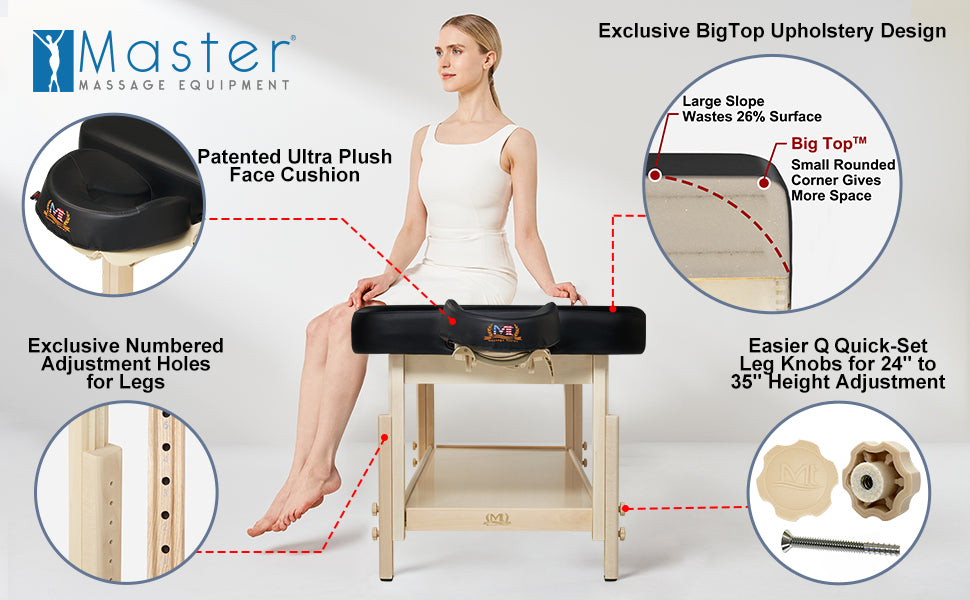 The Harvey stationary massage table/ aesthetic salon table is the perfect blend of functionality and convenience! With its practical and easy-to-adjust features, this stationary facial table is a step above the rest. Experience ultimate comfort with our patented Ultra Plush Face Cushion and exclusive Big Top Upholstery Design. No more hassle with finding the right height - our exclusive numbered adjustment holes for legs make it a breeze. With the easier quick-set leg knobs, you can effortlessly adjust the height anywhere from 24" to 35".