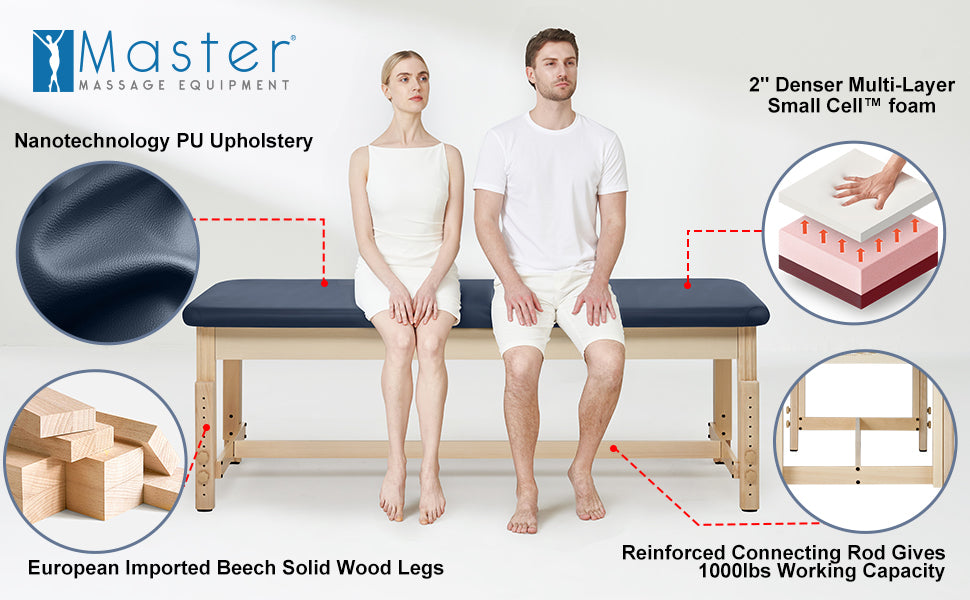 Experience ultimate relaxation with our strong and comfortable therapy bed for examination. Crafted with nanotechnology PU upholstery and European imported beech solid wood legs, this medical massage table is both durable and stylish. The 2" denser multi-layer Small Cell™ foam ensures optimal comfort during your massage. Plus, with a reinforced connecting rod that provides 1000lbs working capacity, this stationary treatment table is built to withstand even the most intense sessions.