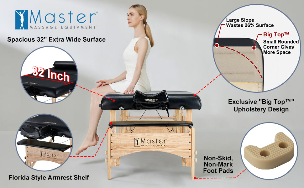 Give your clients the VIP treatment with Master Massage's 32" Extra Wide massage table /portable spa table! Other sellers inflate their numbers and claim to be the same size, but only the Gibraltar portable lash table has a true 32-inch tabletop! This expansive tabletop provides plenty of space for larger clients, while plush 3-inch Thick Cushioning features a layer of Memory Foam for maximum comfort. Plus, the distinctive Big Top design with gently rounded corners offers more working area than traditional tables- perfect for creating an indulgent spa experience!