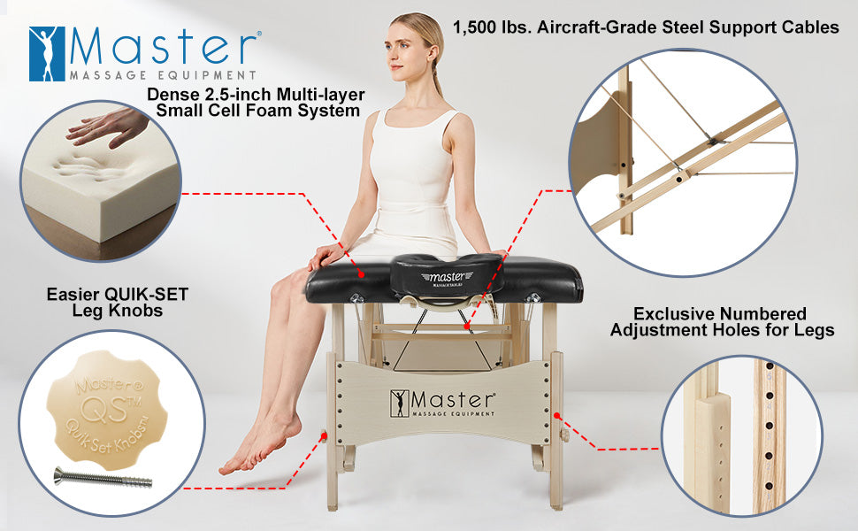 Exceptional Features - Crafted with meticulous precision, this portable lash table features 1,000 lbs. aircraft-grade steel support cables and European beech wood legs, ensuring an impressive working capacity of 750 lbs. Designed to accommodate all body types, it assures unmatched comfort and durability. Master Massage's exclusive QUIK-SET™ leg knobs showcase custom bolt thread knobs meticulously engineered to avert any discomforting hand cramps. Adjusting your foldable salon bed becomes effortless, requiring up to 70% less exertion. Moreover, our proprietary numbered holes enable swift and precise leg adjustments, eliminating the frustration of time wasted in fumbling. Set up your foldable tattoo table seamlessly and swiftly.   Your clients are in for a luxurious treat with our wooden spa table's advanced Multi-layer Small Cell foam system and Soft Touch upholstery. The upper layer provides unparalleled support that conforms to the body's contours, while the sturdier lower layer ensures a seamless, edge-free experience.