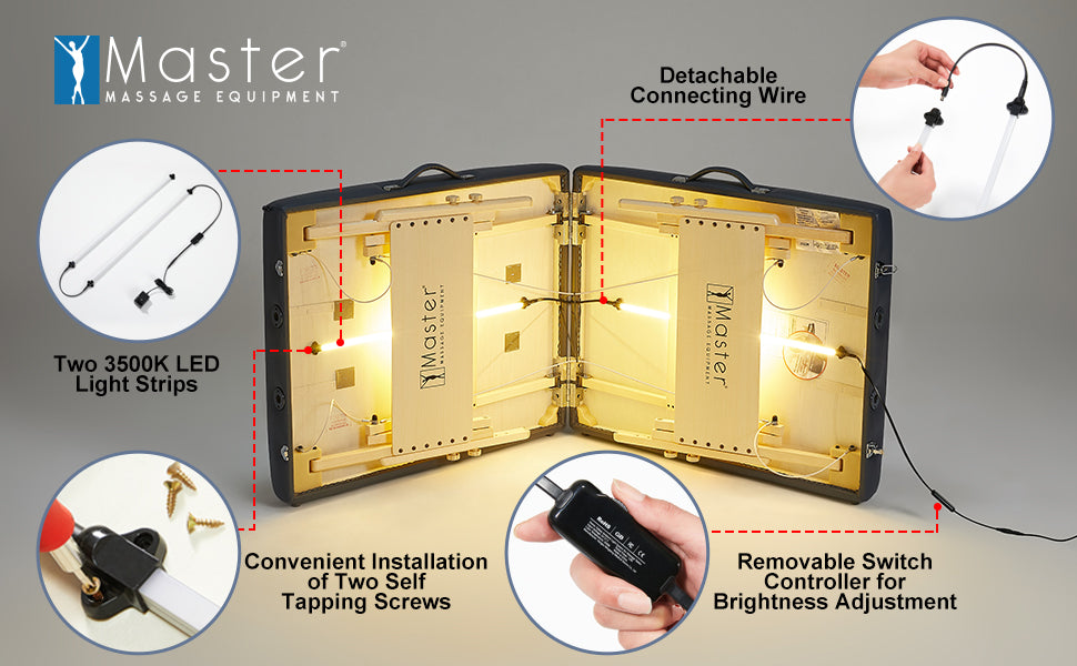 Create an instant spa-like feel with the Master Massage Galaxy Ambient Lighting System – its professional ambiance will make a lasting impression on your clients. Installed on your folding beauty table in seconds, it casts a warm glow directly beneath your foldable spa bed for that perfect atmosphere every time! And best of all, this patent design is ideal for travelling masseuses who need to create their own soothing space wherever they go.