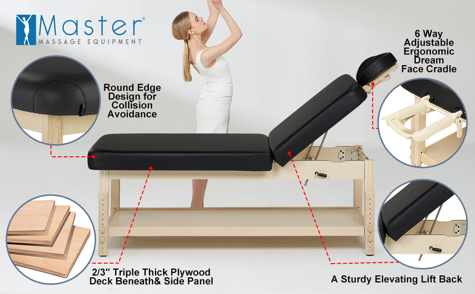 The Harvey stationary spa treatment table is your reliable and comfortable companion for all your massage needs! With its manual adjustable lifting backrest, you can easily find the perfect angle from 0 to 60 degrees. Plus, our round edge design ensures collision avoidance for added safety. The 2/3" triple thick plywood deck and side panel provide extra support and durability, and with the 6-way adjustable Ergonomic Dream face cradle, you can rest assured that your clients will be in ultimate comfort.