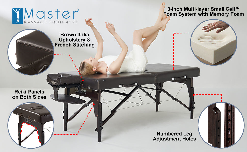 With this wooden spa bed’s sleek design, neutral color palette, and French Stitching, the Master Supreme foldable facial table will be an elegant addition to your spa or salon. Made with fine European beach wood and finished with rich walnut hi-gloss, the glowing panels and aesthetic design fit in any modern environment.