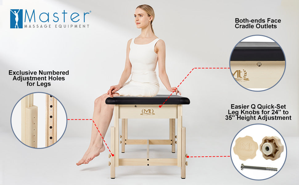 Introducing our innovative 8" distance Both-ends Face Cradle Outlets. Now, therapists can effortlessly add a face cradle and face cushion whenever needed. Exclusive numbered adjustment holes for legs make this stationary wooden massage bed easier than ever to find the perfect height, ranging from 24" to 35", and with our quick-set leg knobs, adjusting the height has never been smoother or more efficient.