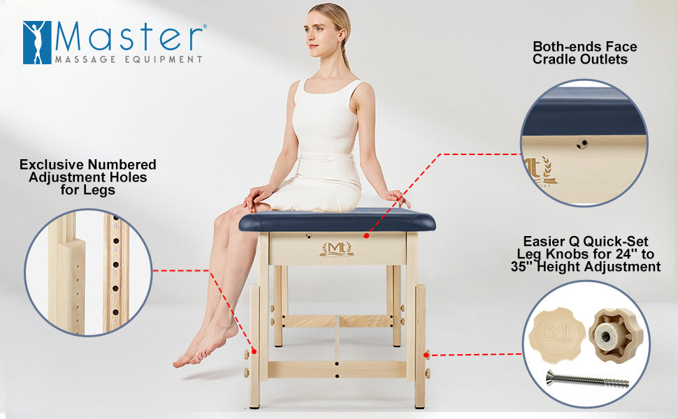 Introducing our innovative 8" distance Both-ends Face Cradle Outlets. Now, therapists can effortlessly add a face cradle and face cushion whenever needed. Exclusive numbered adjustment holes for legs make this stationary wooden massage bed easier than ever to find the perfect height, ranging from 24" to 35", and with our quick-set leg knobs, adjusting the height has never been smoother or more efficient.