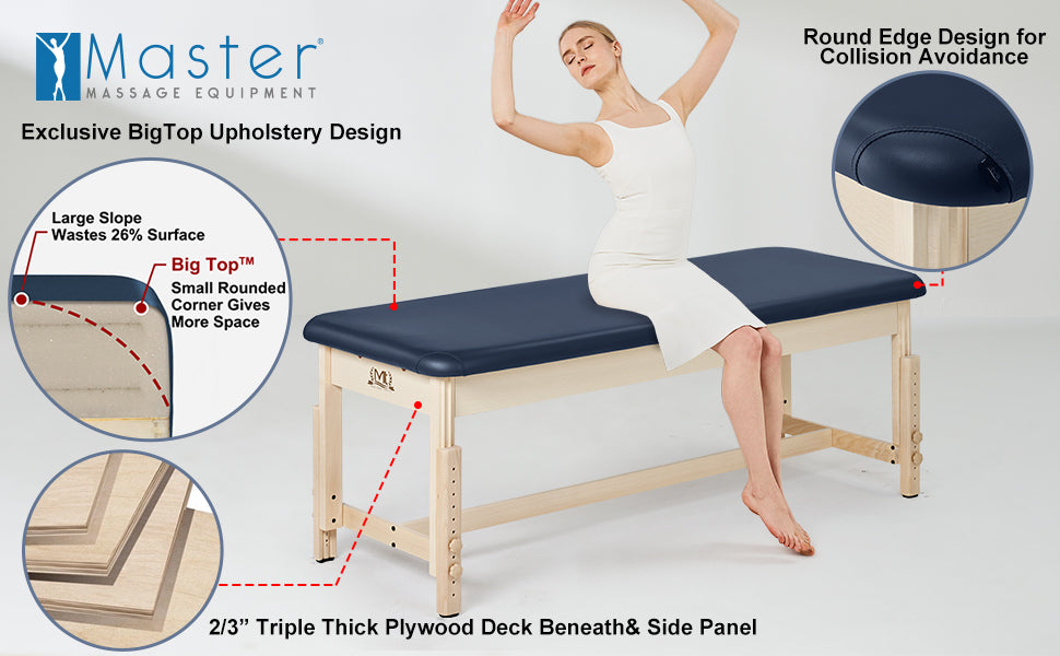 Our exclusive design includes round edges to prevent collisions and ensure your safety. The Big Top upholstery design adds a touch of luxury to your massage sessions. Rest assured, the 2/3" triple thick plywood deck beneath and side panel provide excellent stability and support.