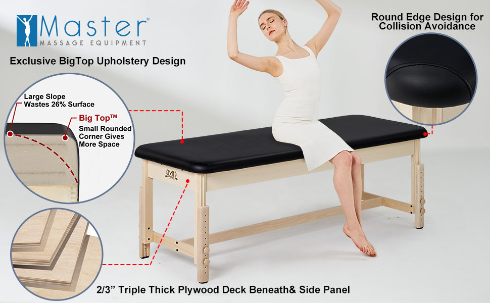 Our exclusive design includes round edges to prevent collisions and ensure your safety. The Big Top upholstery design adds a touch of luxury to your massage sessions. Rest assured, the 2/3" triple thick plywood deck beneath and side panel provide excellent stability and support.