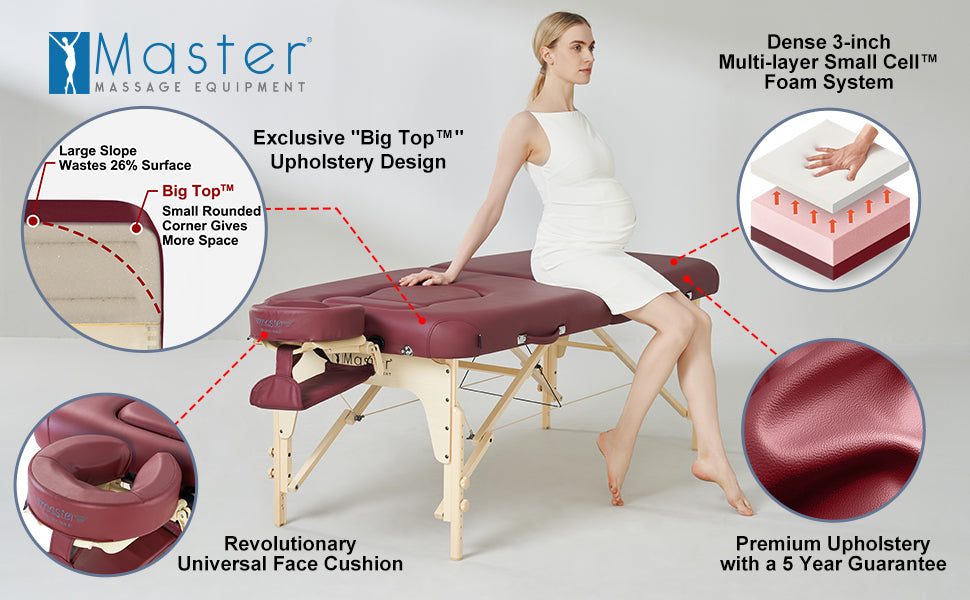 The Master Massage Eva Portable Massage Table/Folding Beauty Table is designed for the ultimate massage experience on-the-go. With its spacious tabletop measuring 30" wide and 84" long coupled with adjustable height from 24” - 34", this table ensures total comfort for both clients and masseuses alike! High density 3-inch foam cushioning offers luxurious comfort and a "Big Top " design provide maximum workspace while rounded corners make sure nothing gets cramped up even in tight spaces. To top it off, you'll never have to worry about hygiene ever again as antibacterial PU upholstery adds an extra layer of safety along with reinforced backing making this portable table dependable at all times!